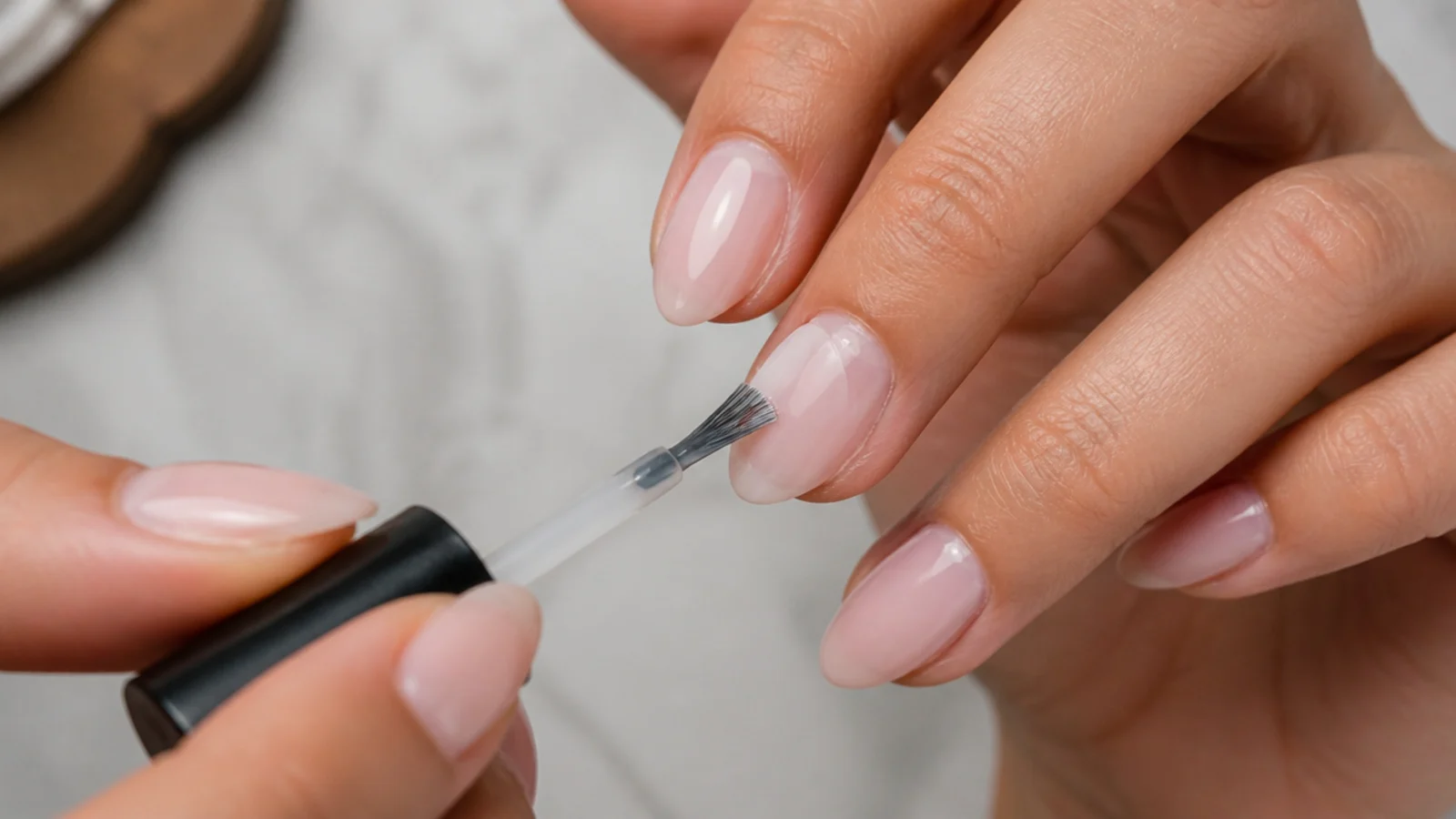 A thin gel base coat being applied to a prepped almond nail