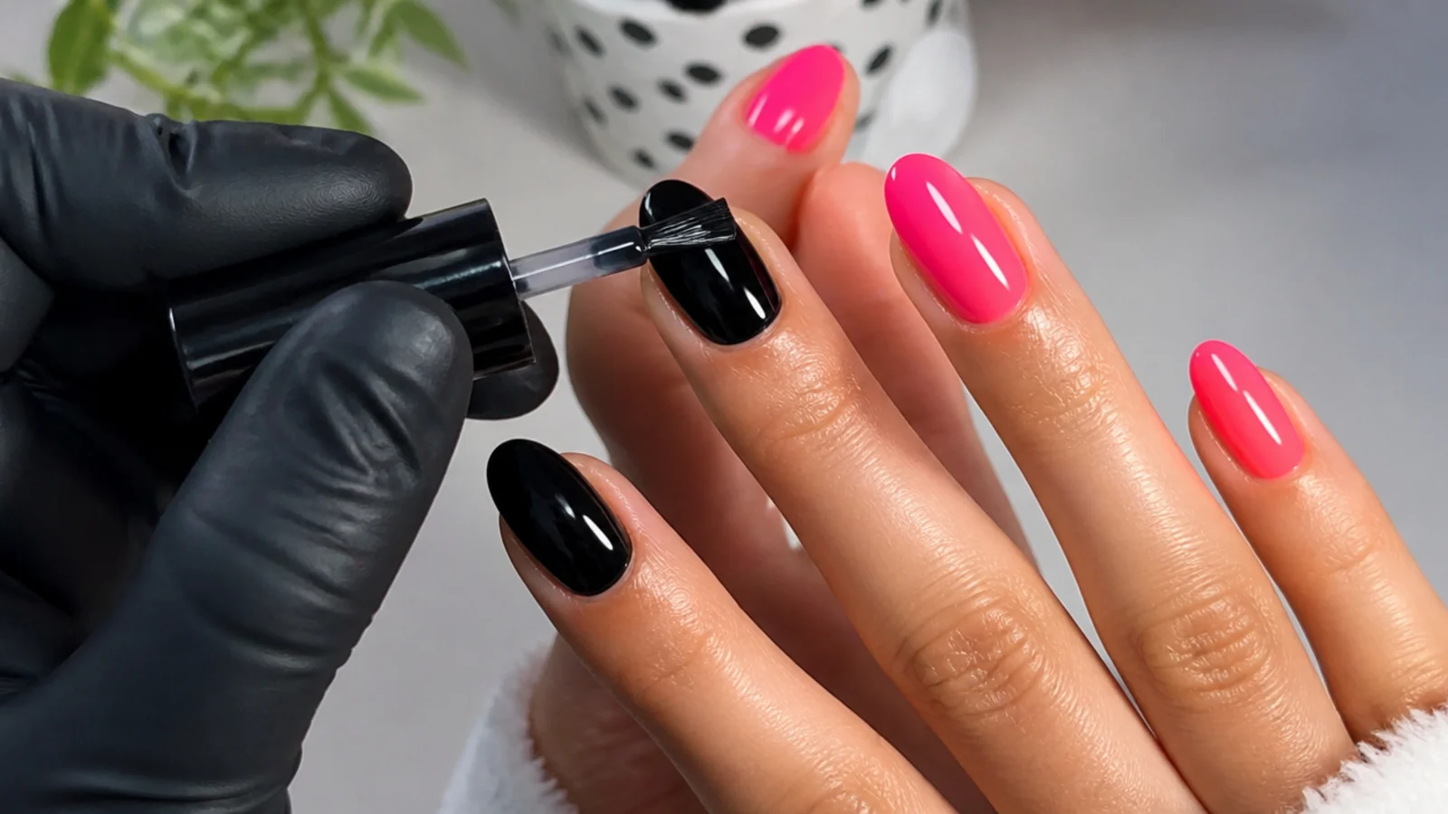 Thin coats of black and hot pink gel being painted as emo base colors across nails