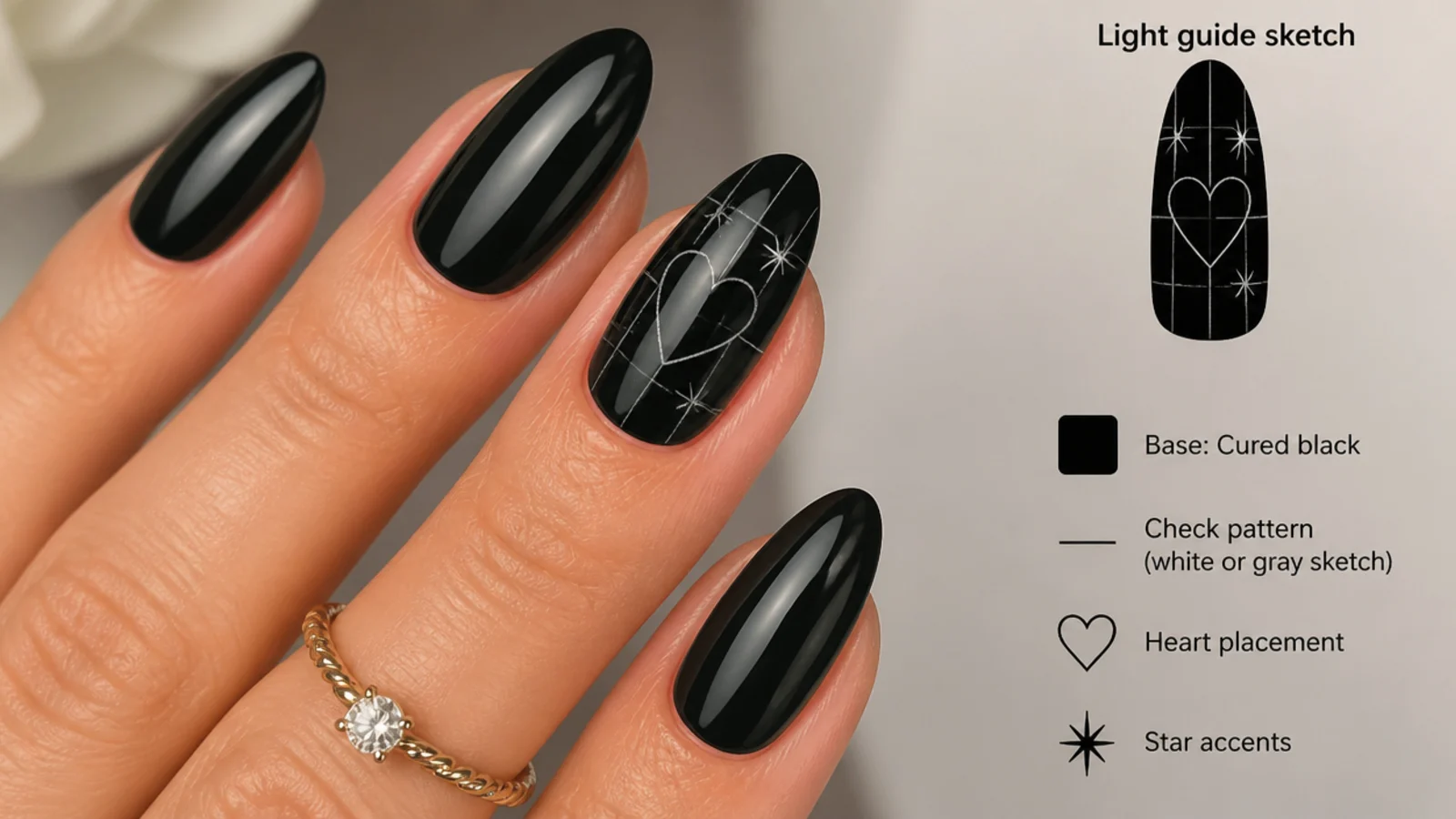 A light guide sketch of checkerboard and heart placement on a cured black nail