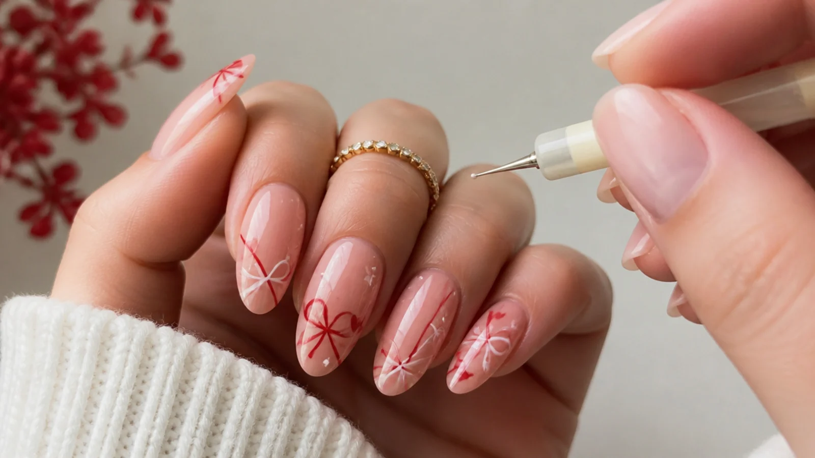 A dotting tool placing tiny white and red hearts and stars between the linework