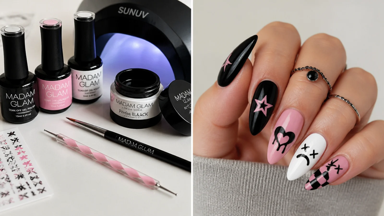 Emo nail supplies laid out - black, pink and white gels, dotting tool, liner brush and lamp