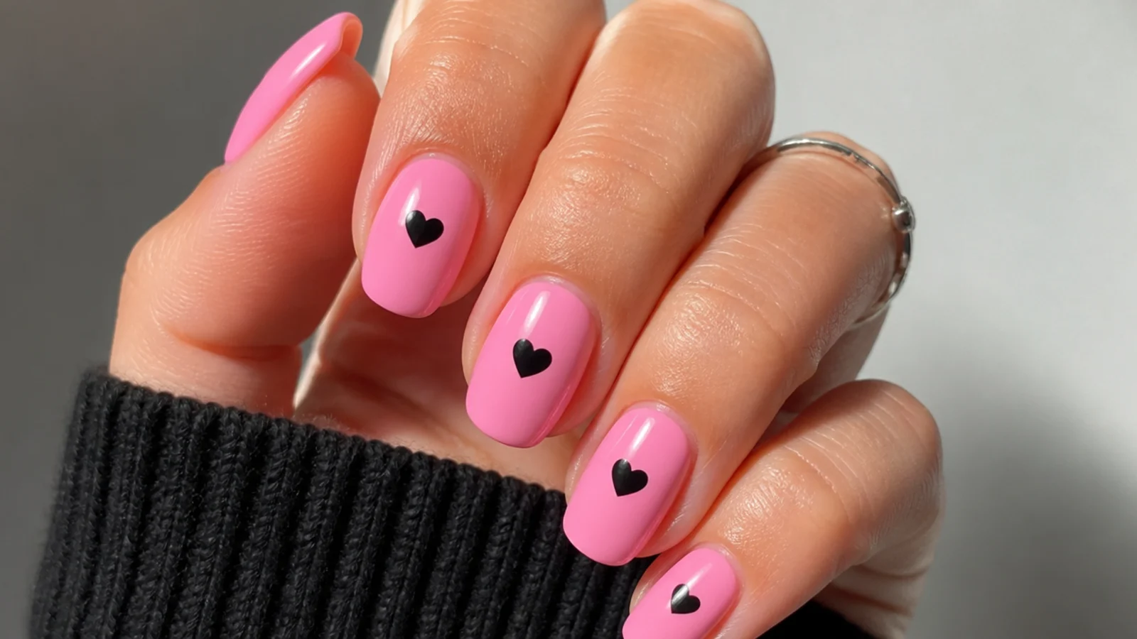 Bubblegum pink emo nails with small black hearts on a round shape