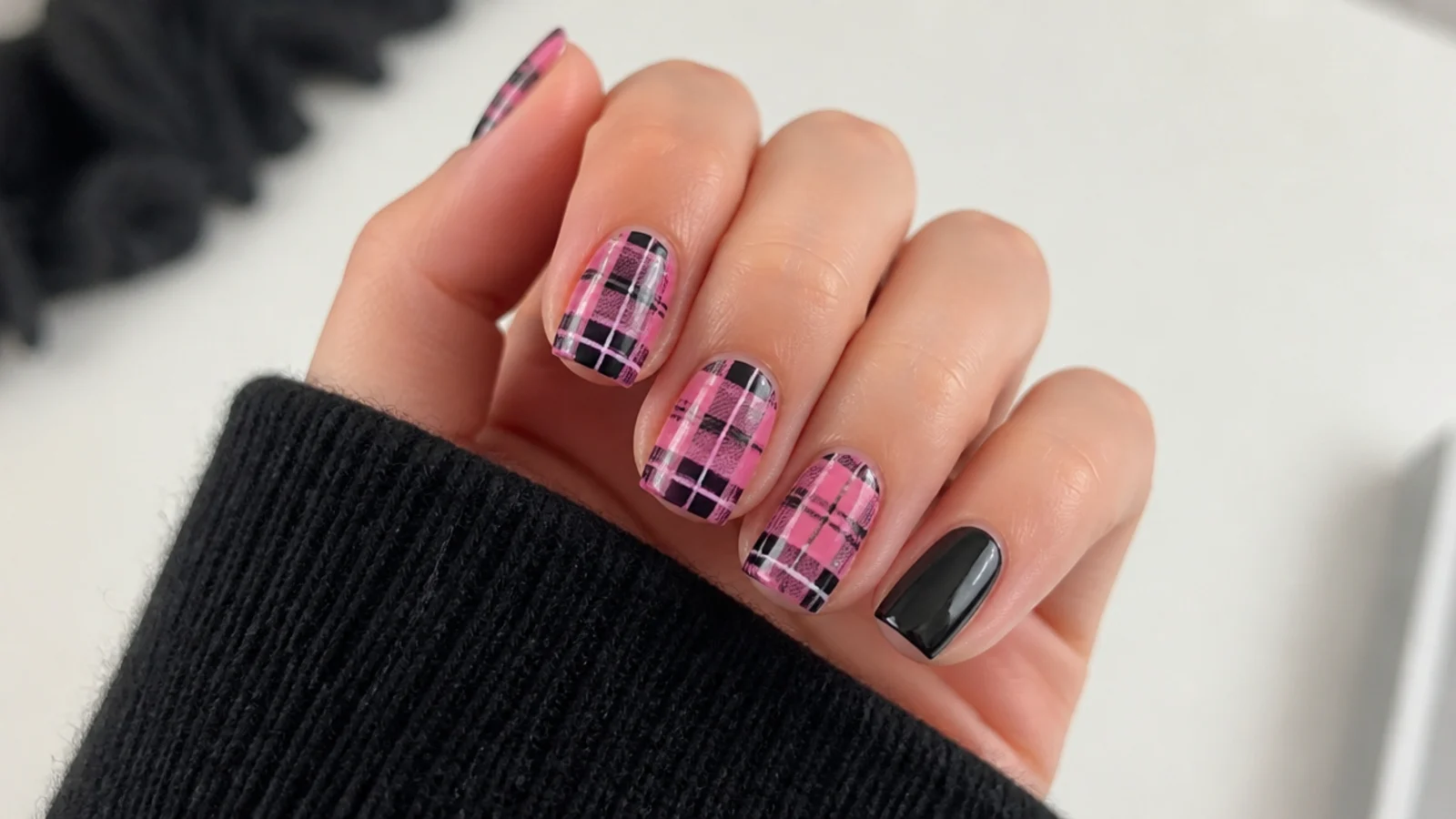 Pink and black plaid tartan emo nails on a square shape