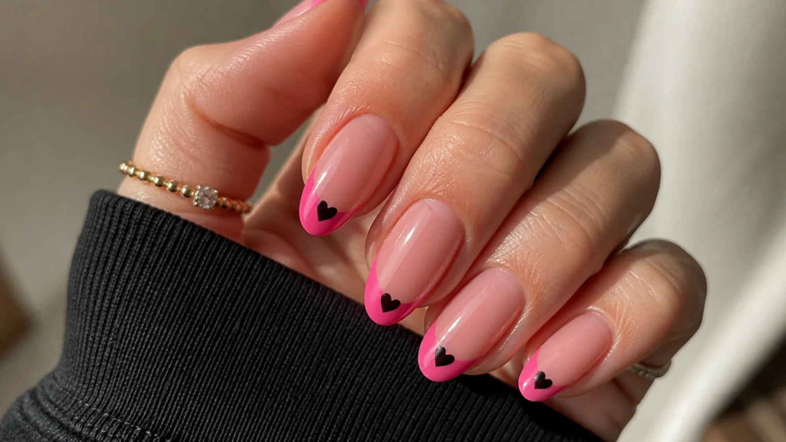 Pink French tip emo nails with a small black heart on the tip