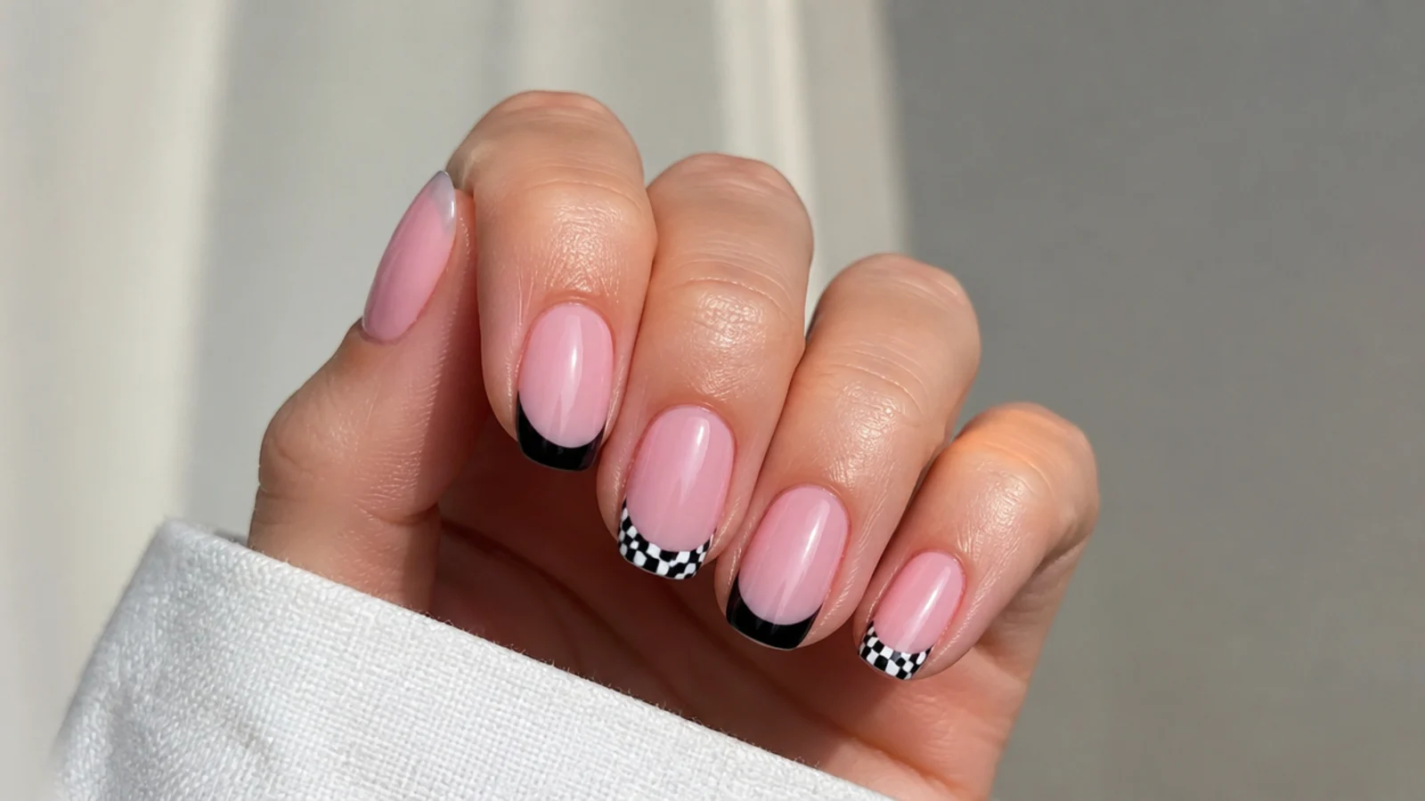 Pink nails with alternating solid black and checkerboard French tips