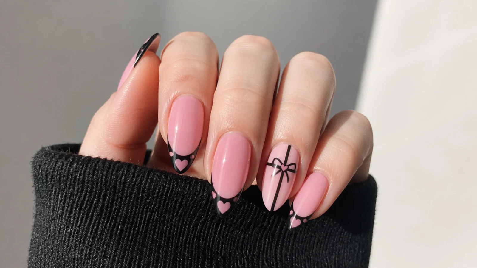 Pink emo nails with a small black coquette bow on the accent nail
