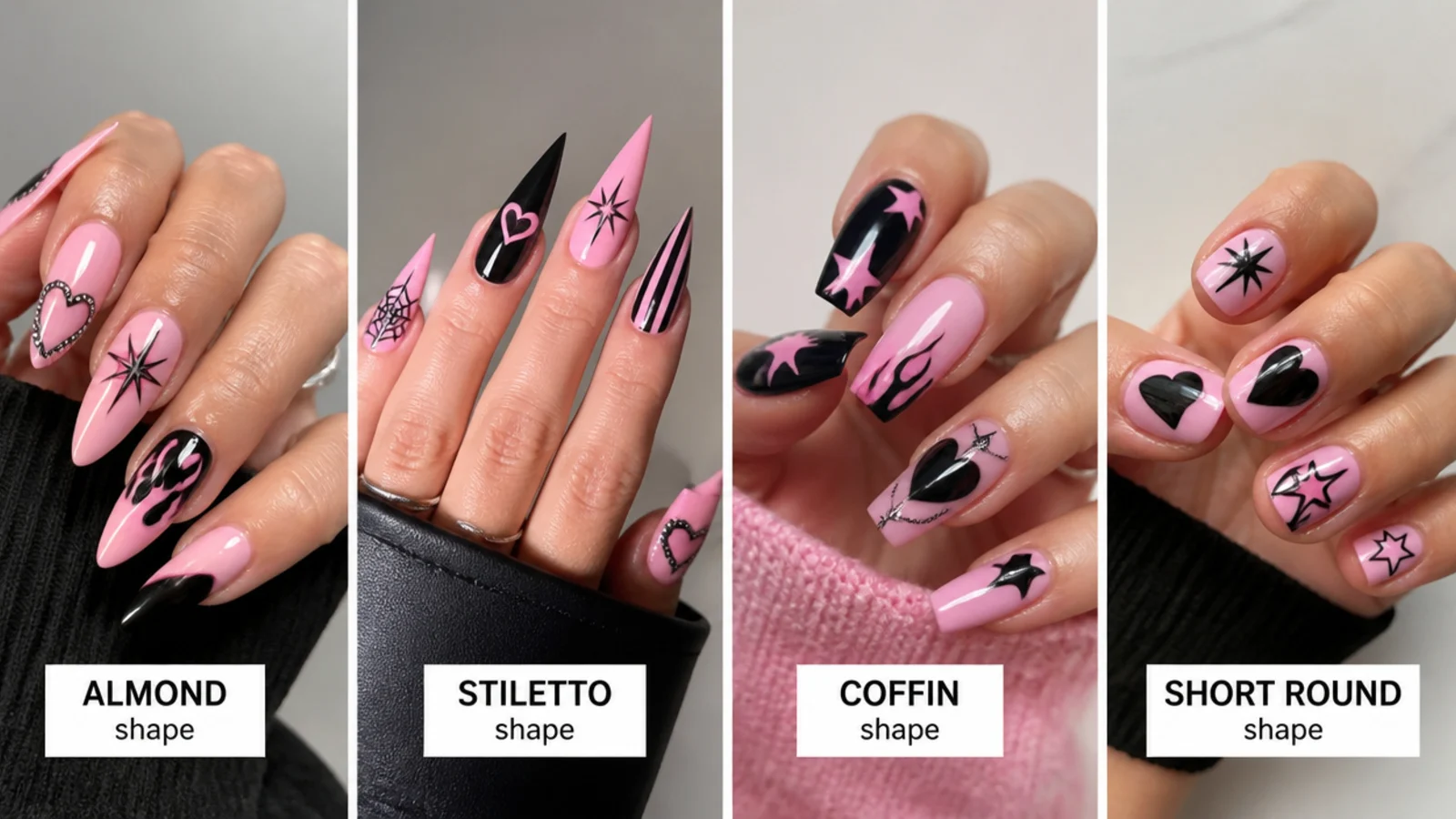 Pink emo nails shown in almond, stiletto, coffin and short round shapes