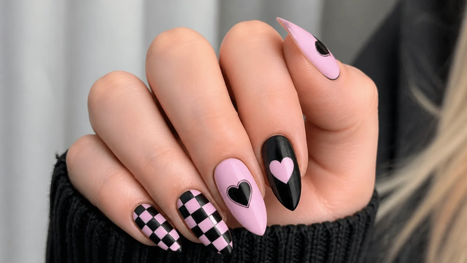 Pink and black emo nails with checkerboard and heart motifs on an almond shape