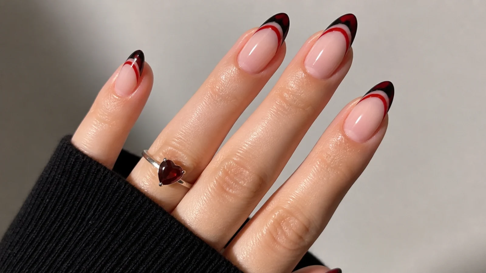 Emo French manicure with black and red double tip lines