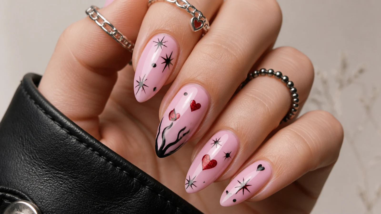Soft pink emo nails with small red hearts and black accents