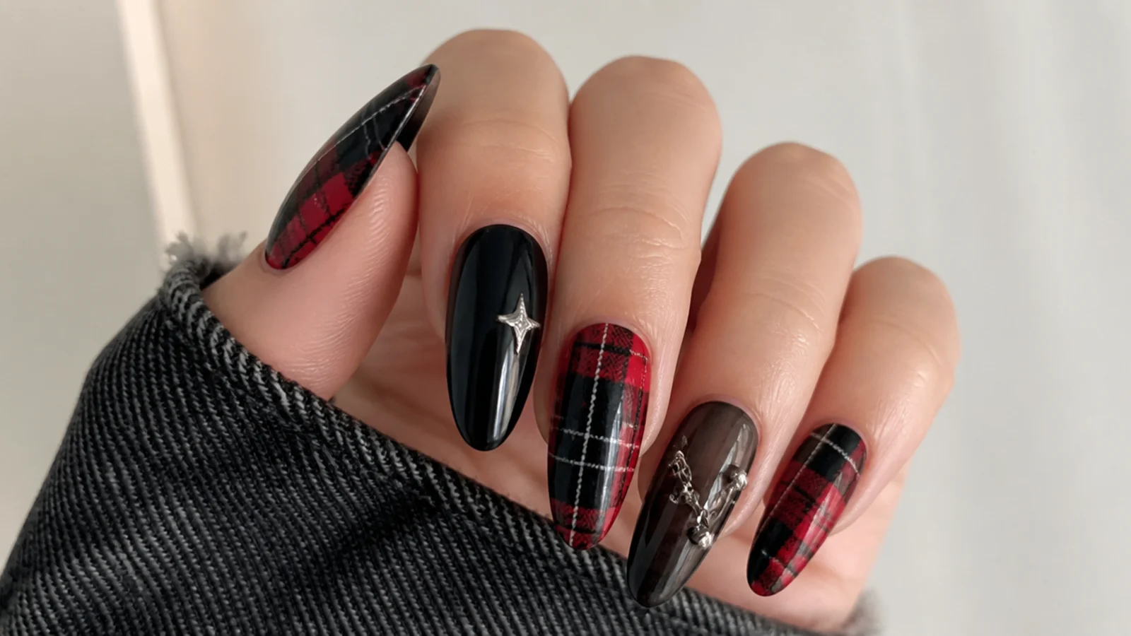 Red and black tartan plaid grunge emo nails