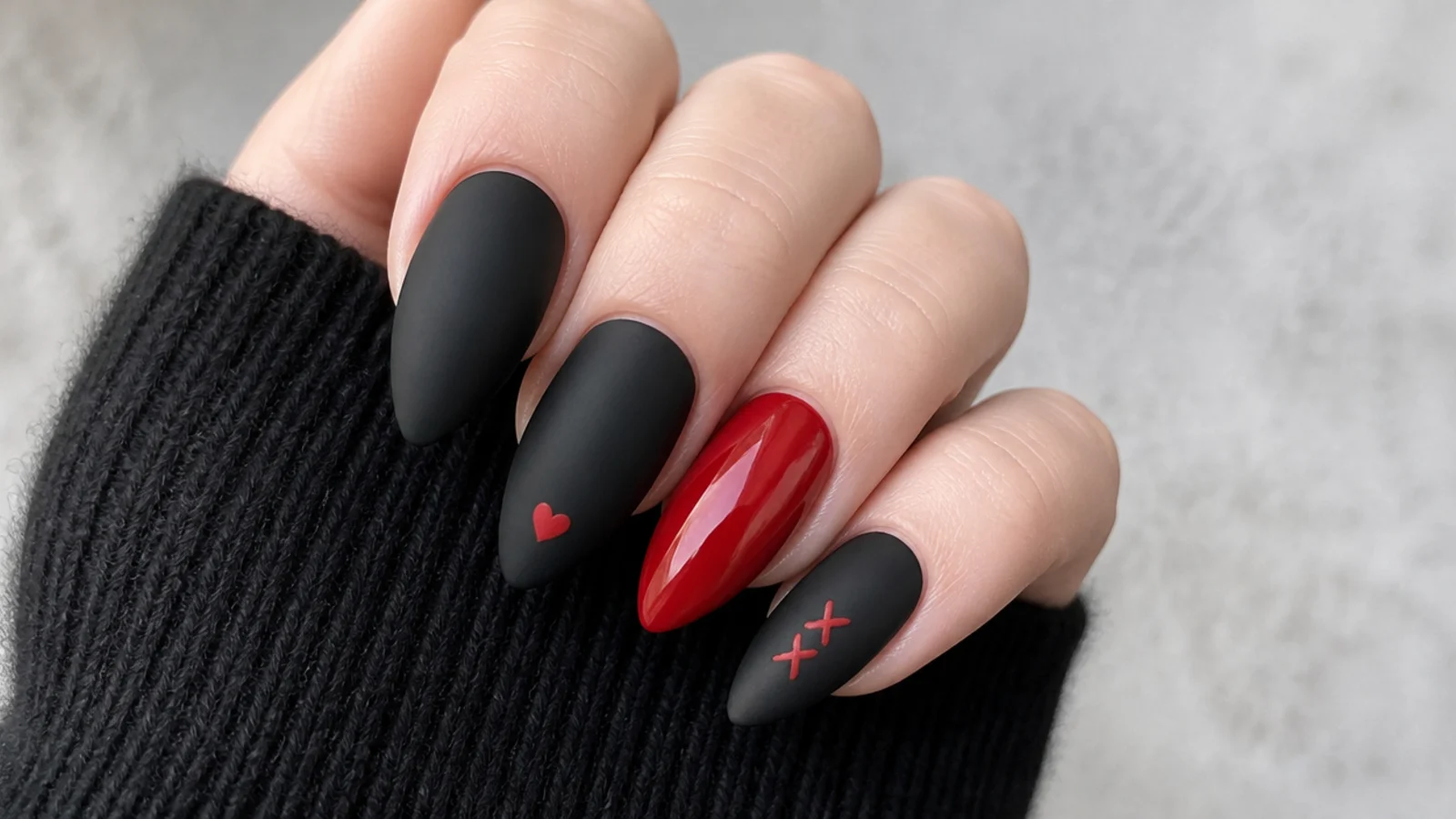 Matte black emo nails with one glossy red accent nail