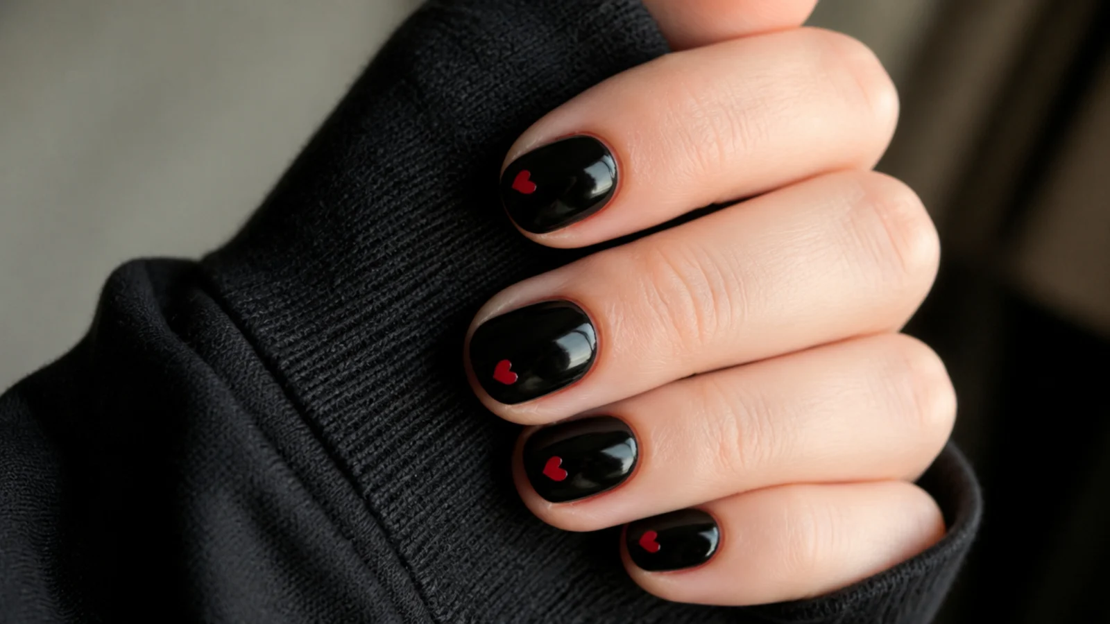 Short round black emo nails with tiny red hearts