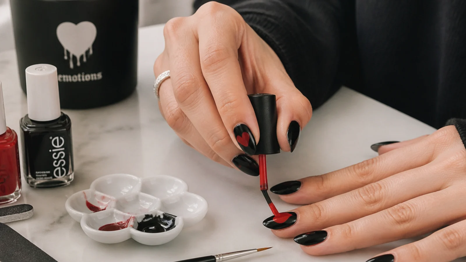 Emo nail supplies with a black base and red heart being painted at home