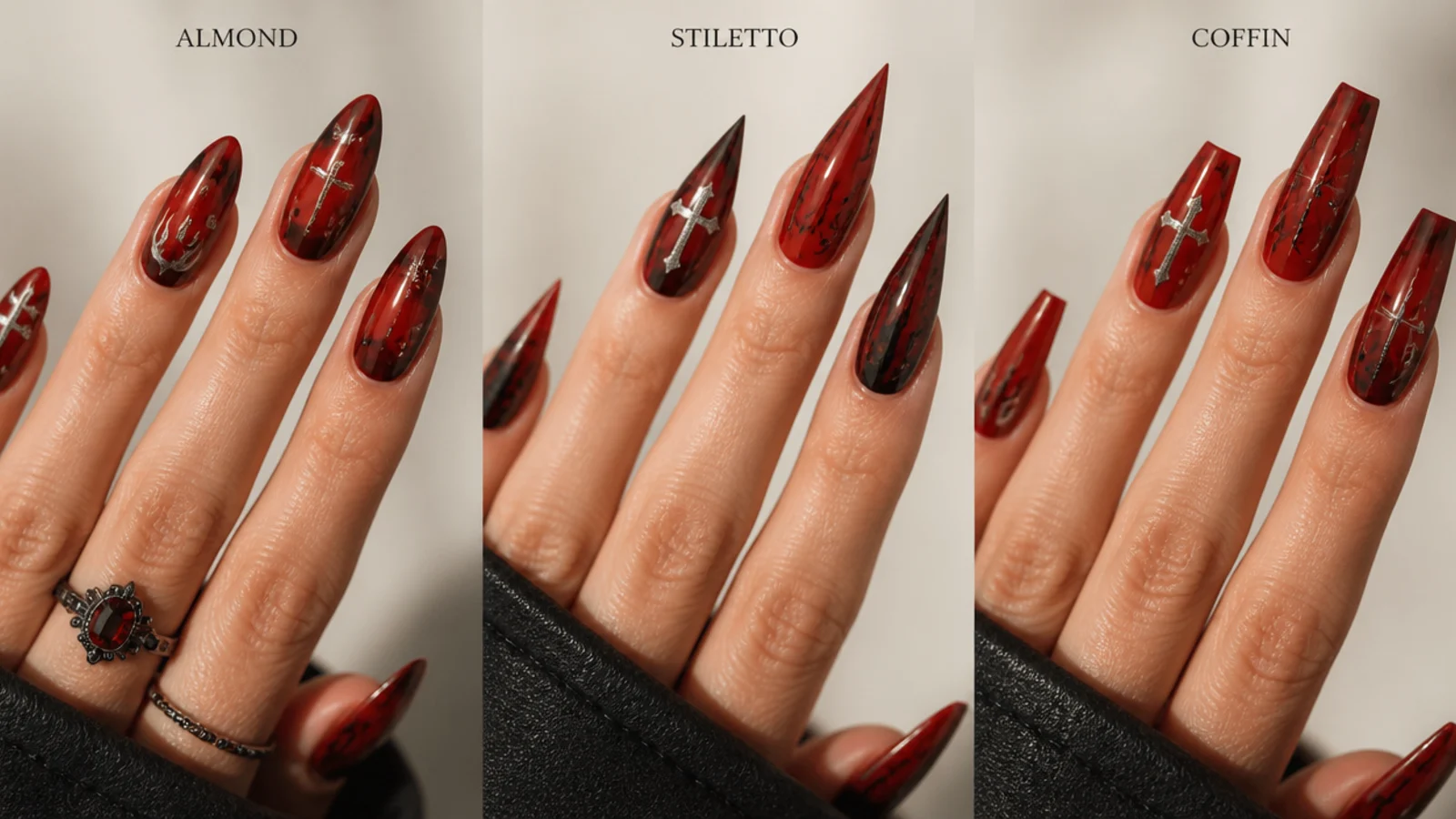 Almond, stiletto and coffin red emo nails compared side by side