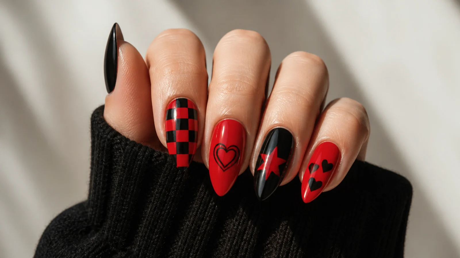 Bold red and black emo nails with checkerboard and heart motifs on almond tips