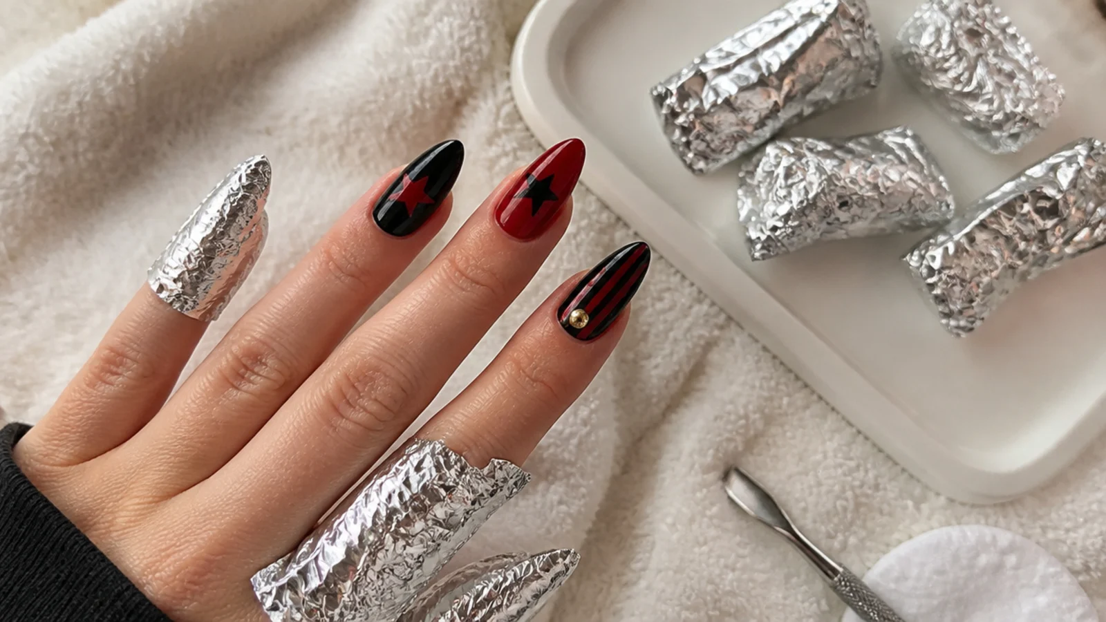 A sealed red and black emo manicure being soaked off with acetone and foil