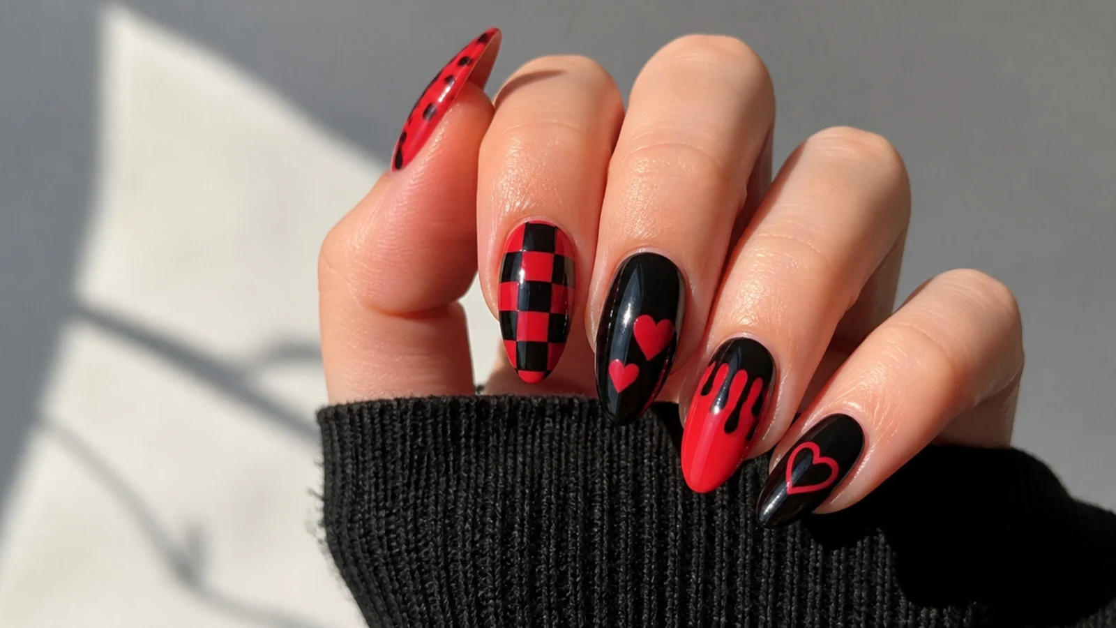 Red and black emo nails showing hearts, checkerboard and drip motifs