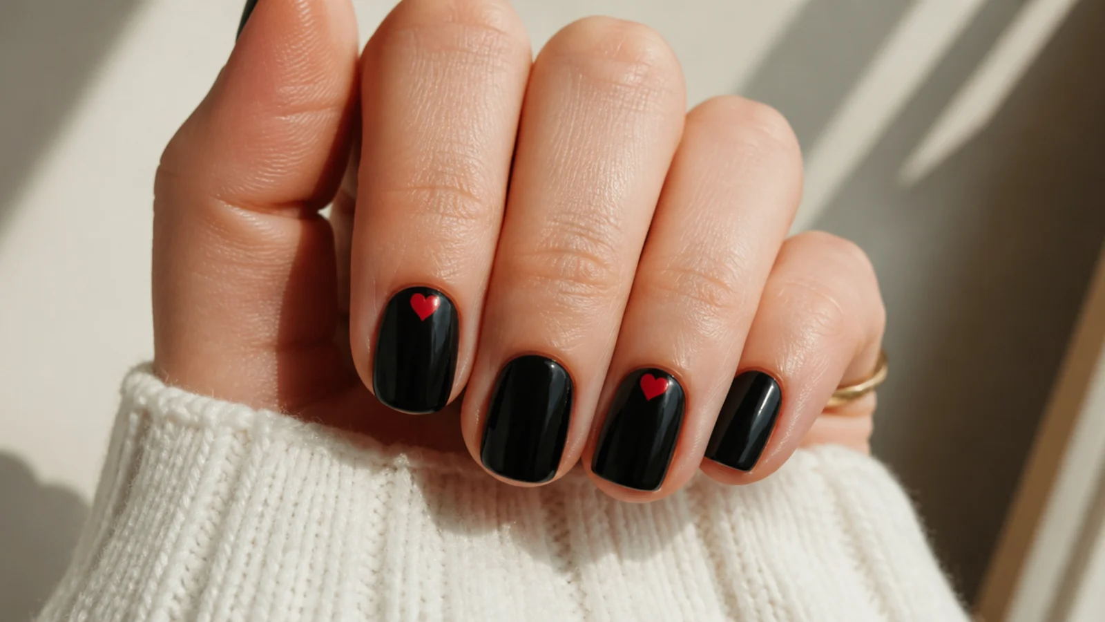 Short round black nails with tiny red heart accents for the office