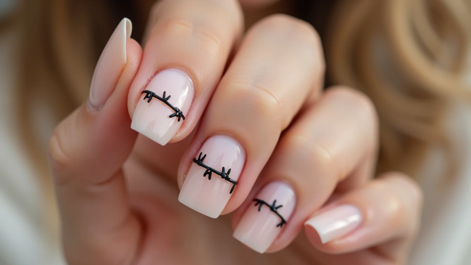 Sheer nude nails with fine black barbed wire wrapping each nail