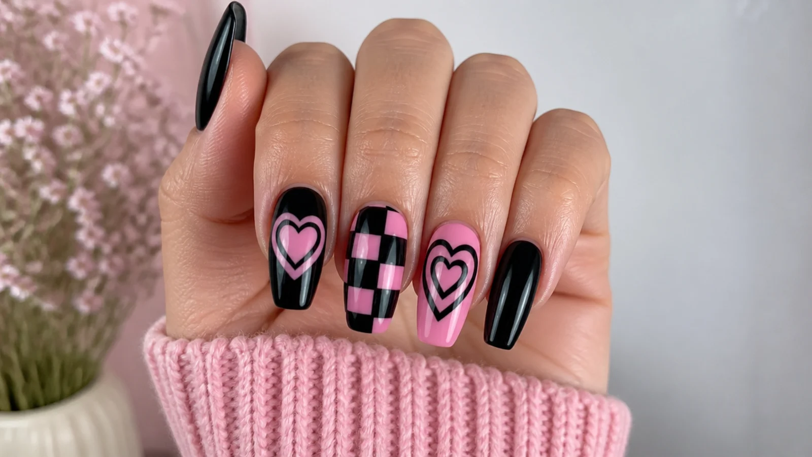 Mixed emo nails with black-pink checkerboard and heart accent nails