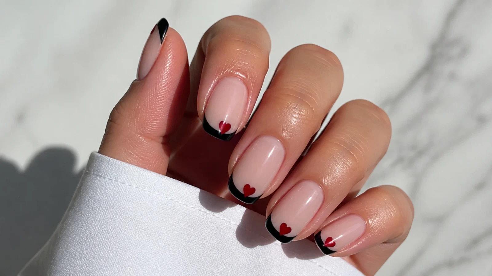 Nude nails with black French tips and small red hearts