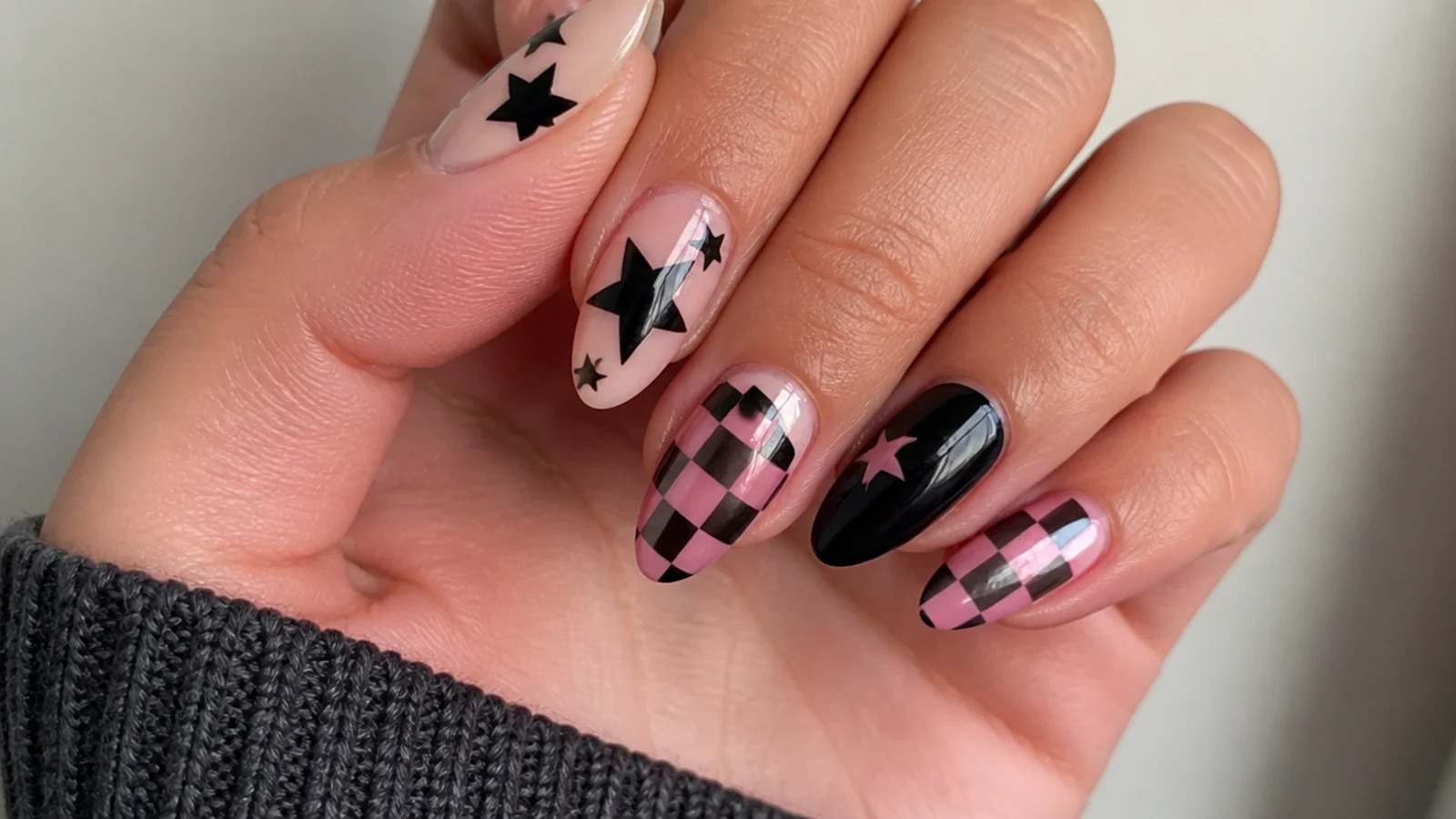 Emo nails combining black stars and pink-black checkerboard accents
