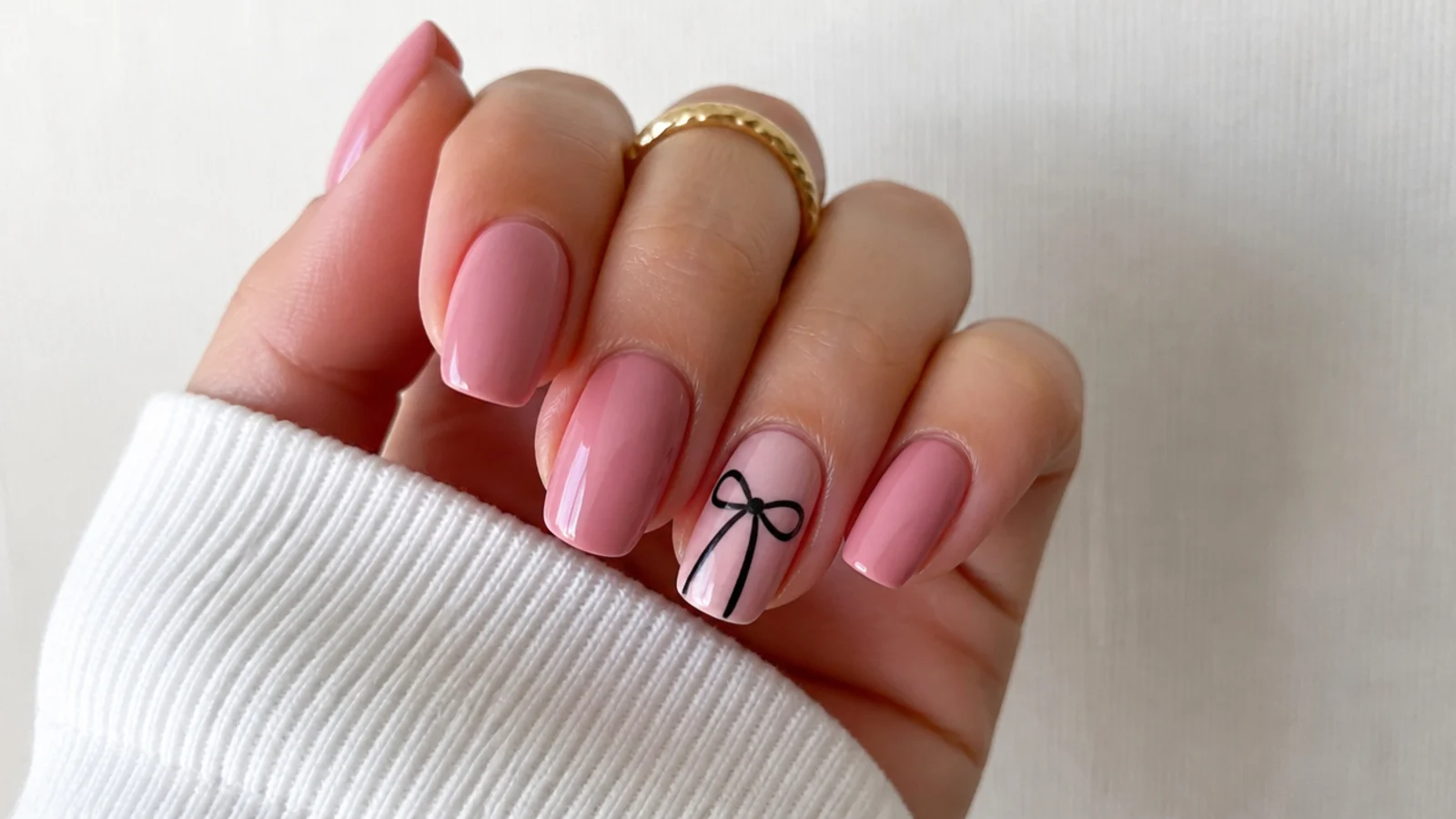 Pink nails with a small black bow painted on the accent nail