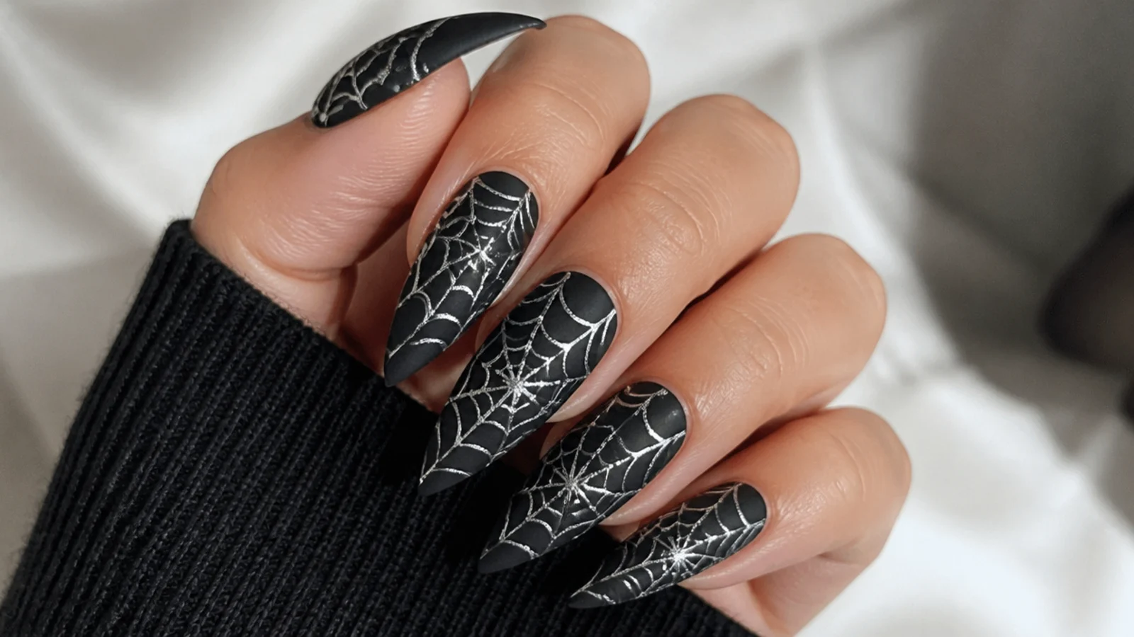 Long black stiletto nails with silver spiderweb art for a full-dark emo look