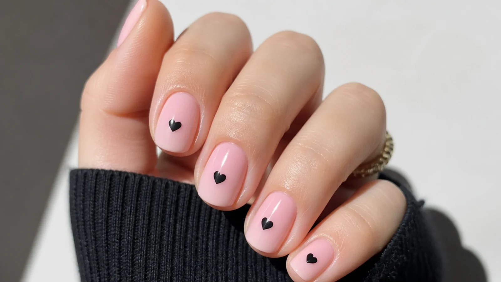 Short round nails with tiny black hearts on a pale pink base