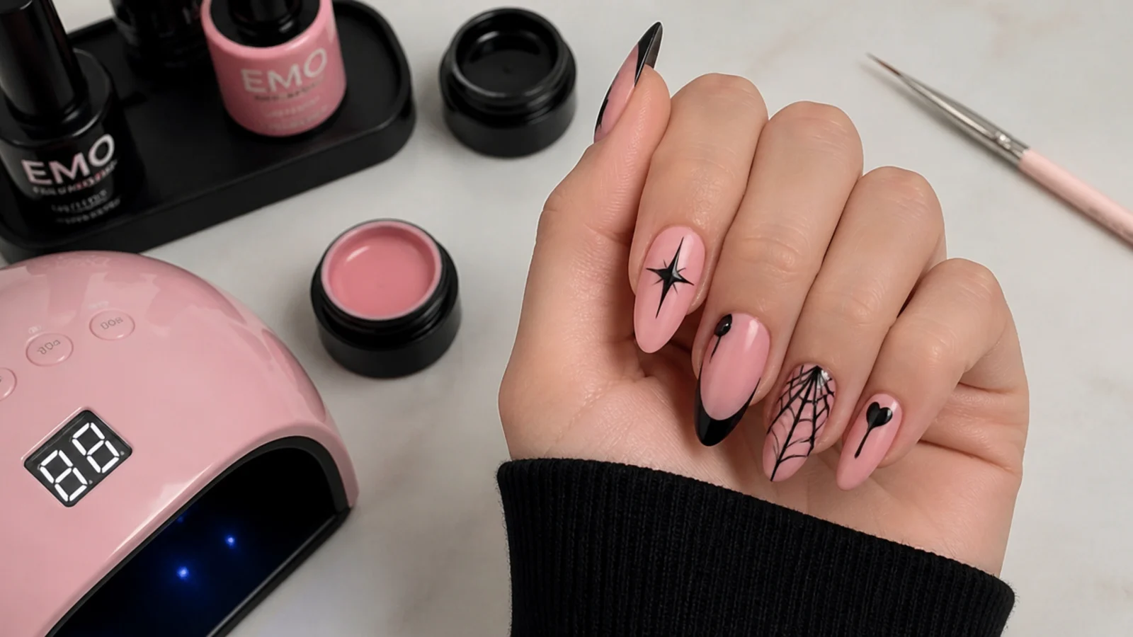 Emo nail supplies with black and pink gel, liner brush and lamp mid-design