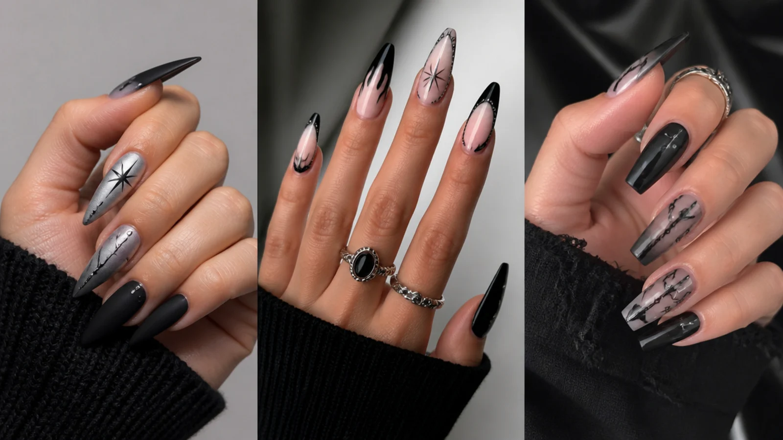 Almond, stiletto and coffin nail shapes shown with emo black art