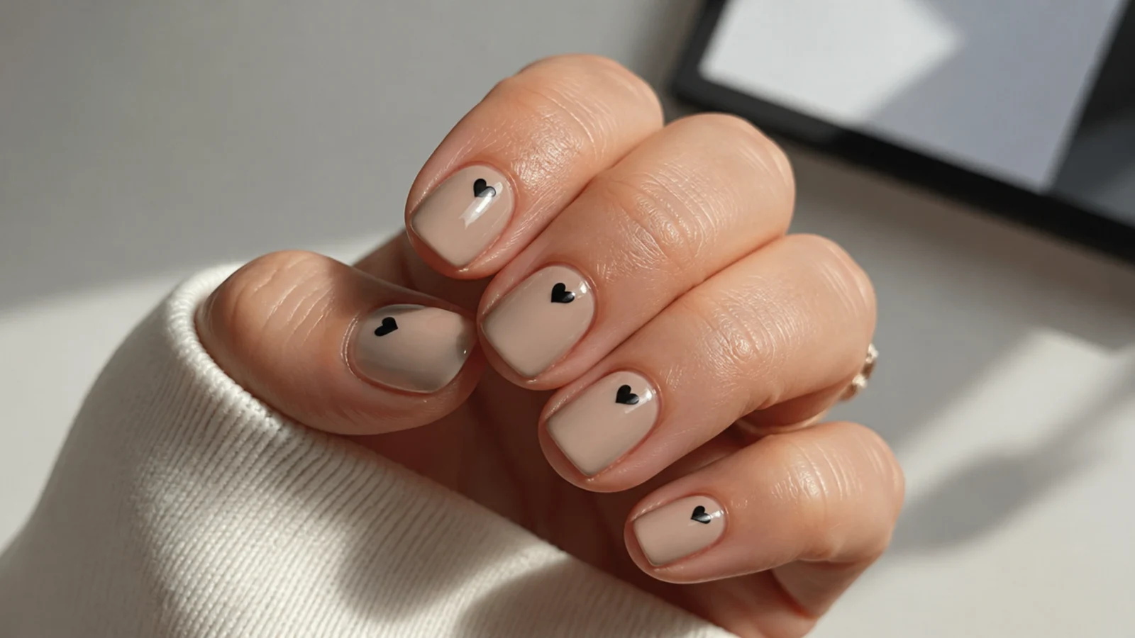 Short nude nails with tiny black heart accents for a subtle office emo look