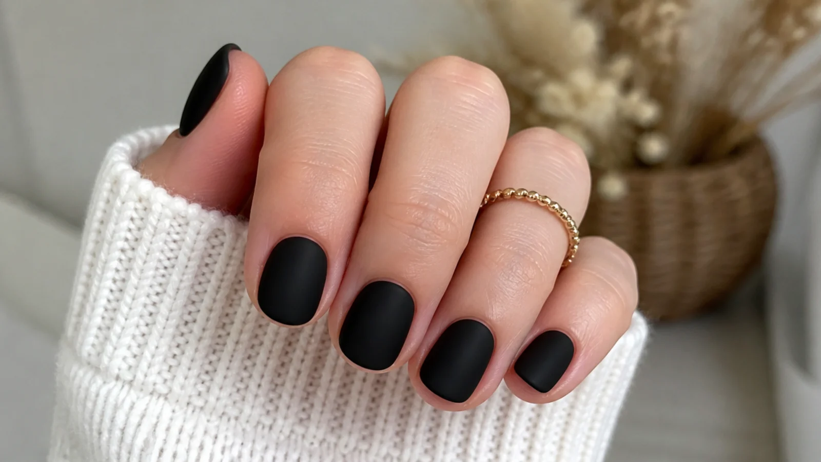 Short round nails in flat matte black with no shine