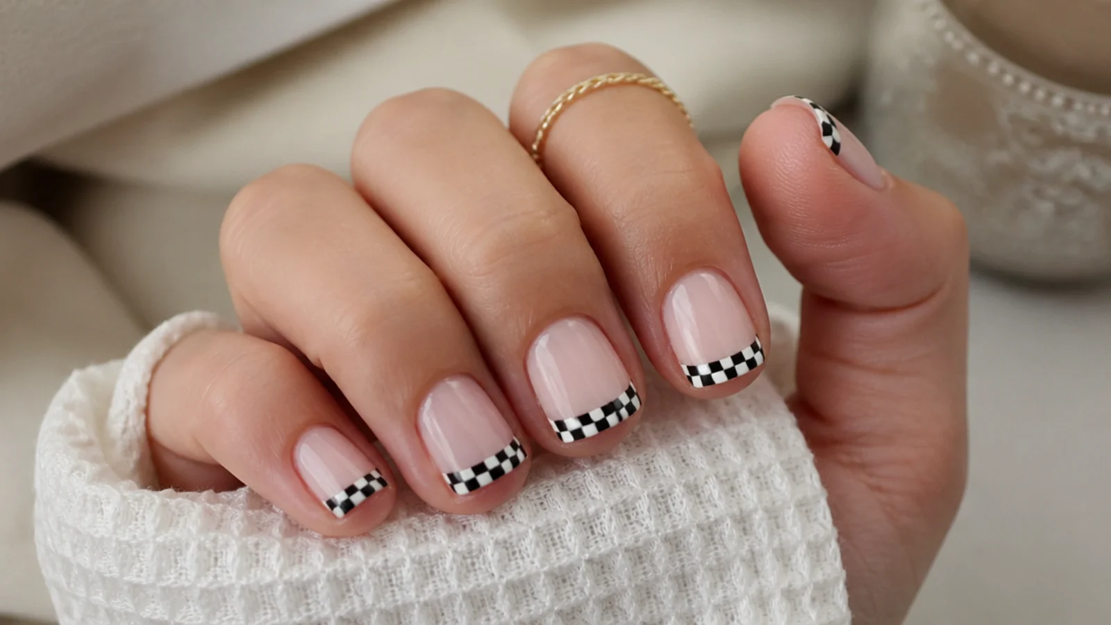 Short nails with black and white checkerboard only on the tips