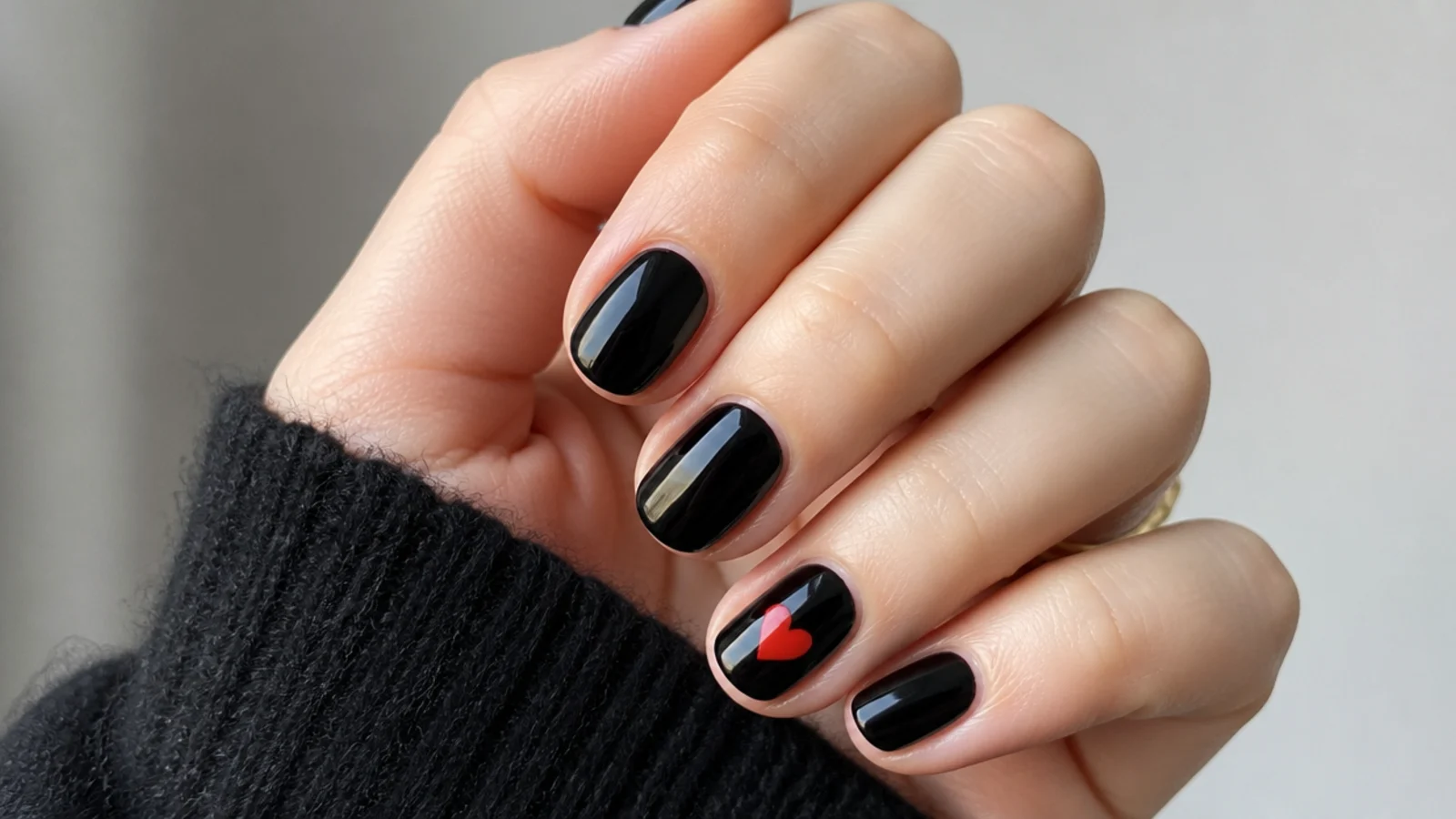 Short glossy black nails with one small glossy red heart accent