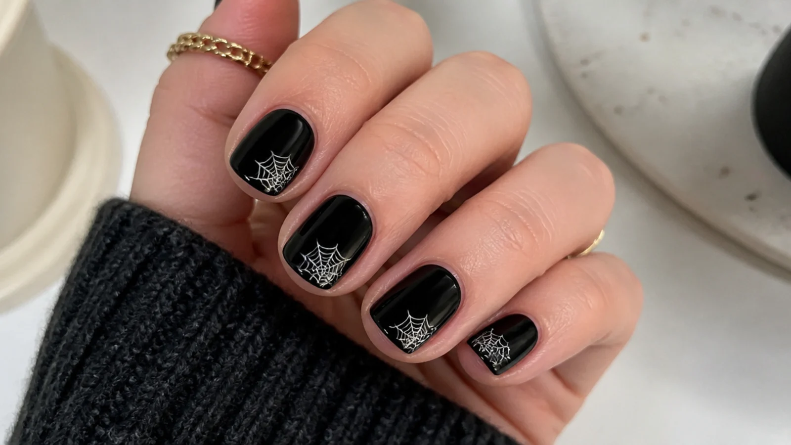 Short black nails with a fine white spiderweb in one corner