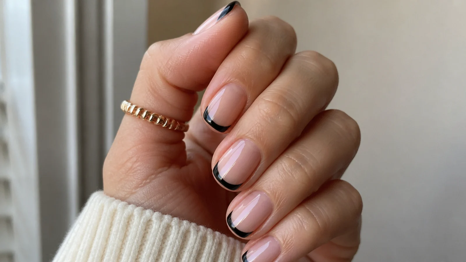 Short nude nails with a crisp black French tip on each nail