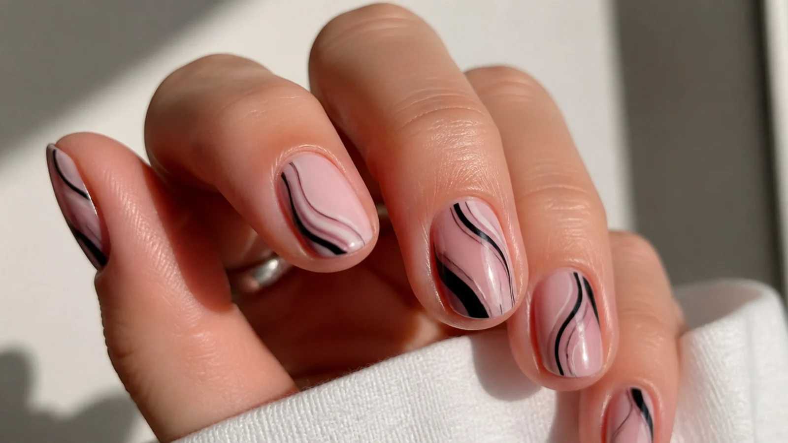 Short nails with soft pink and black wavy swirls