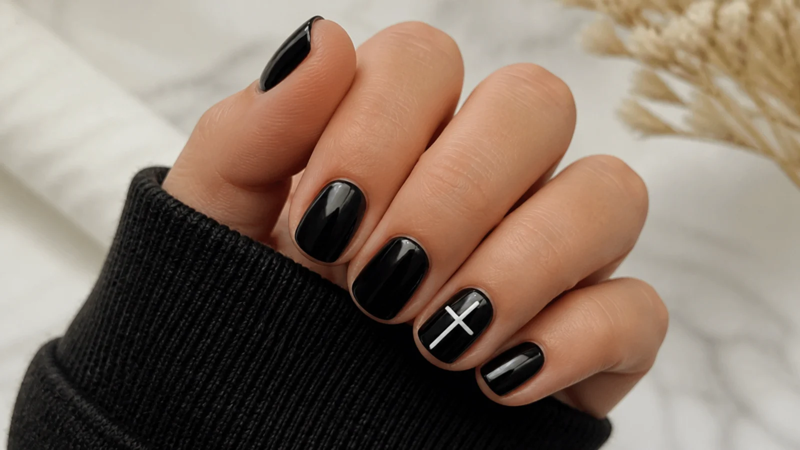 Short black nails with a small white cross on one accent nail