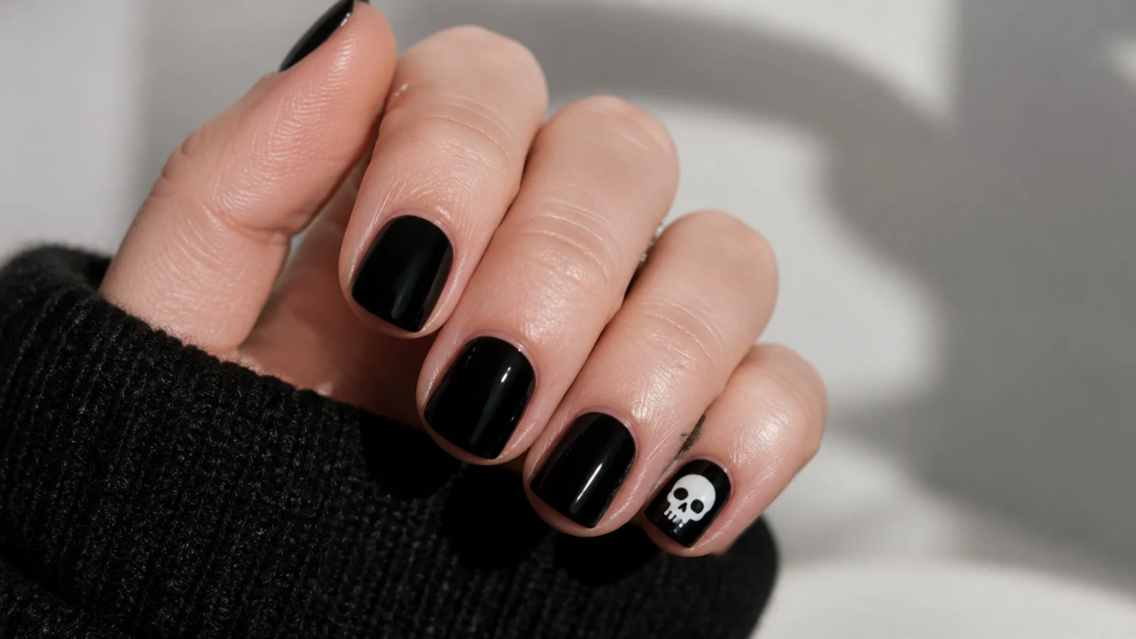 Short black nails with a small white skull on one accent nail