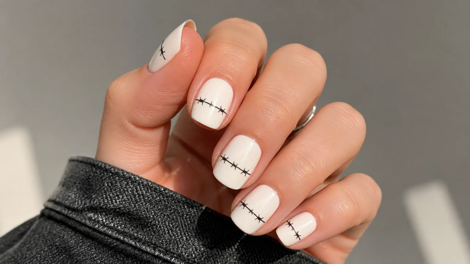 Short white nails with a thin black barbed wire line across each