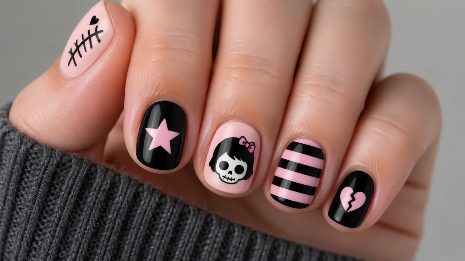 Short nails each with a different emo motif on black and pink bases