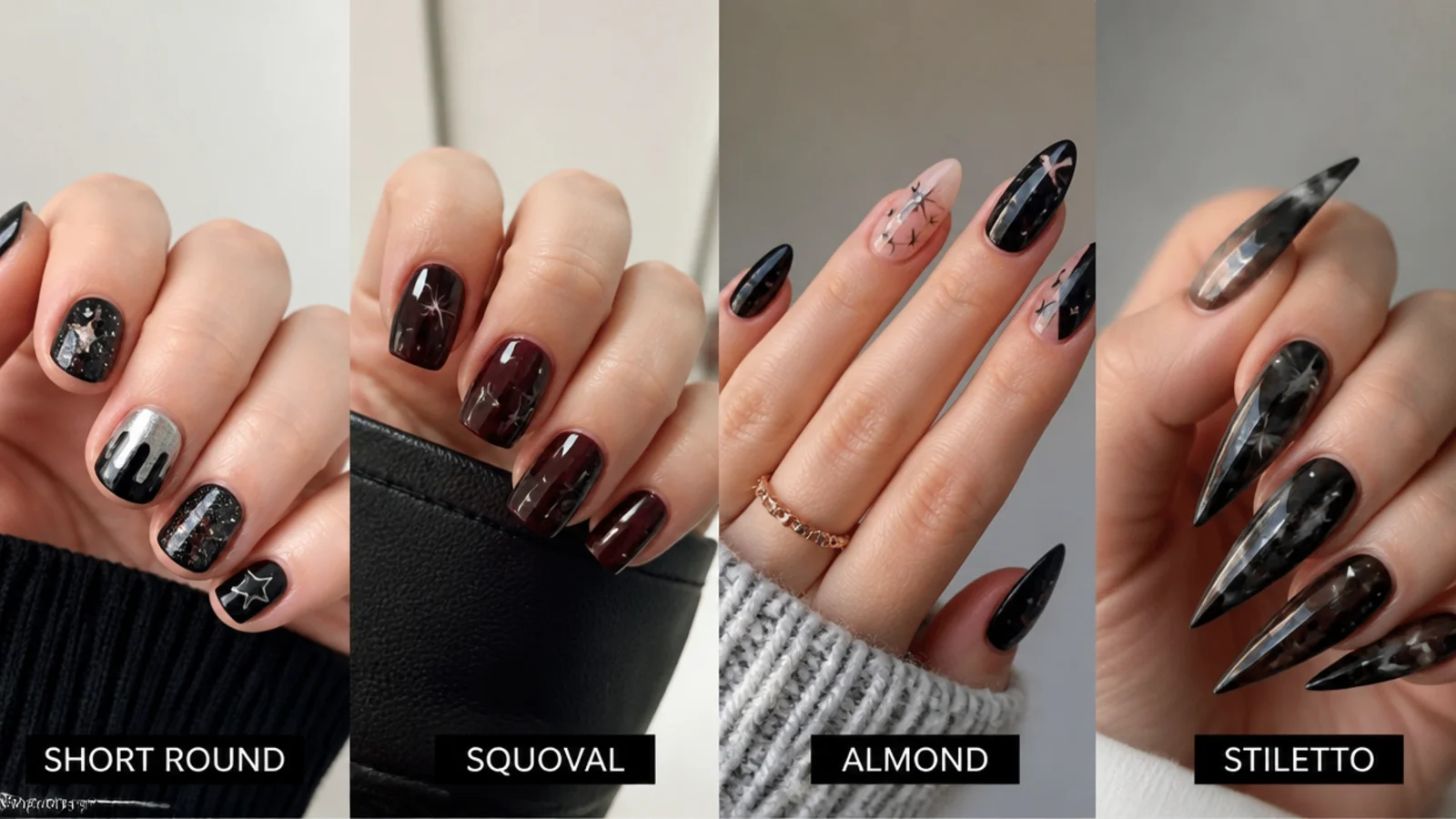 Comparison of short round, squoval, almond and stiletto emo nails