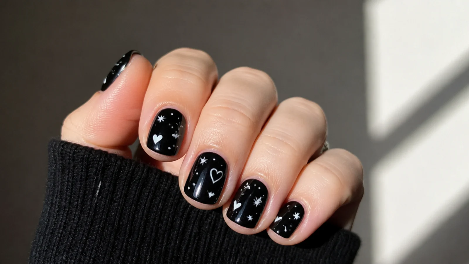 Short round black emo nails with tiny white hearts and stars
