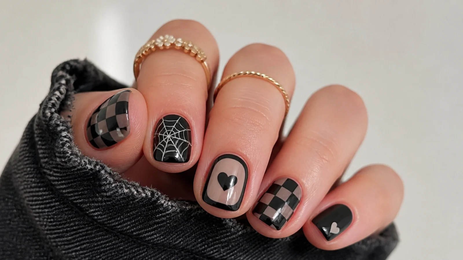 Short black nails with checkerboard, hearts and a spiderweb accent