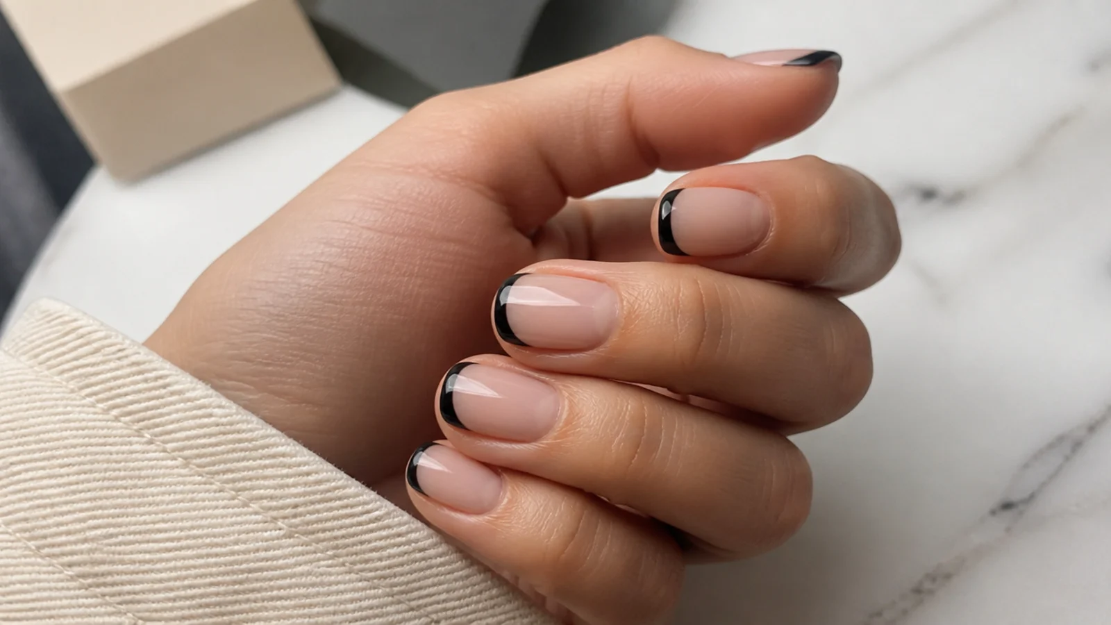 Short round black French tip nails that read subtle and office-safe