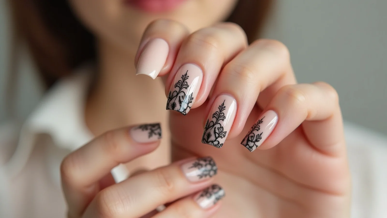 Sheer nude emo nails with delicate black lace-style line art