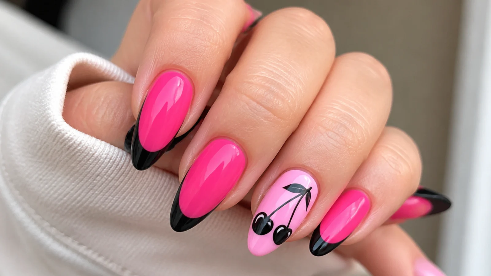 Pink emo nails with a small black cherry pair on the accent nail