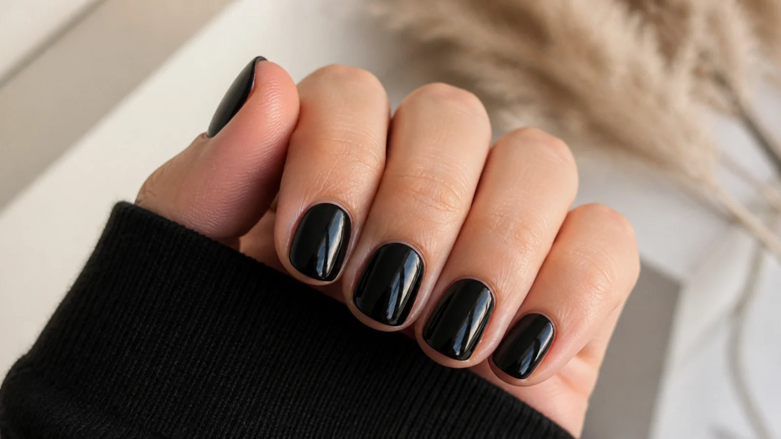 Short round nails in solid glossy black emo polish